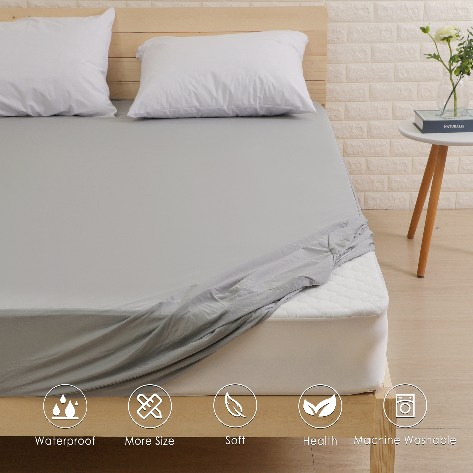 ผ้าคลุมเตียงกันน้ำ160x20สีเทาผ้าคลุมผ้าคลุมที่นอน0ซม. สำหรับเตียงขนาด140x200ซม. ระบายอากาศได้ดีขนาดควีนไซส์
