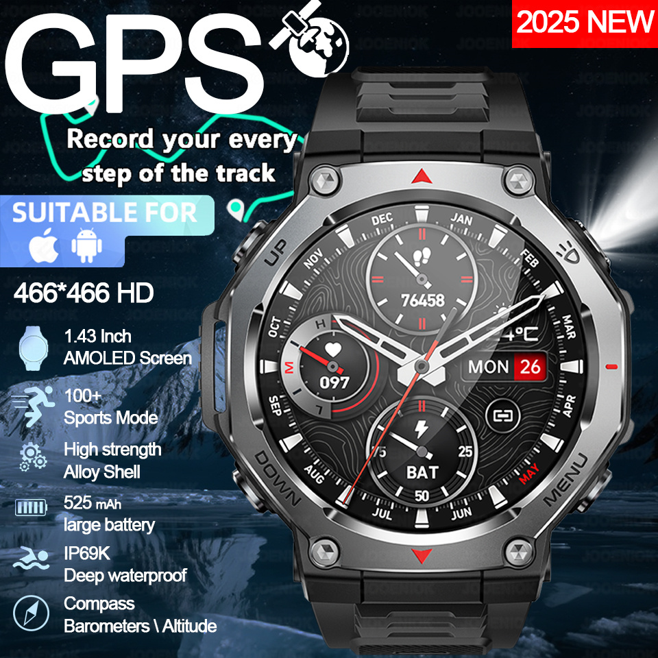 Nowy smartwatch outdoorowy T-Rex 3 z GPS na rok 2025, bateria 525mAh, połączenia Bluetooth, latarka, sporty militarne, wodoodporność 3ATM, smartwatch męski