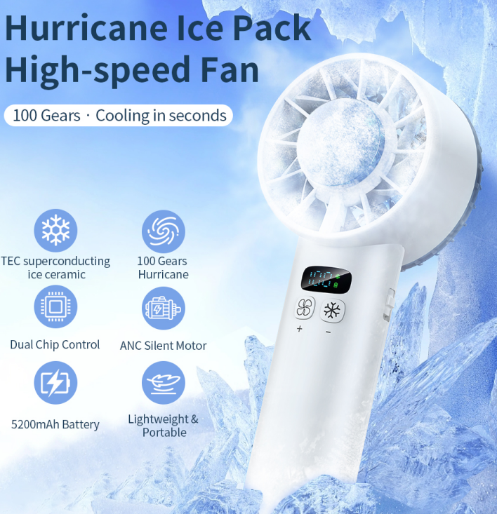 Ventilador Portátil Recarregável USB com Função de Compressa de Gelo, Ventilador de Alta Velocidade com Display LED, Ventilador Portátil para Viagens ao Ar Livre