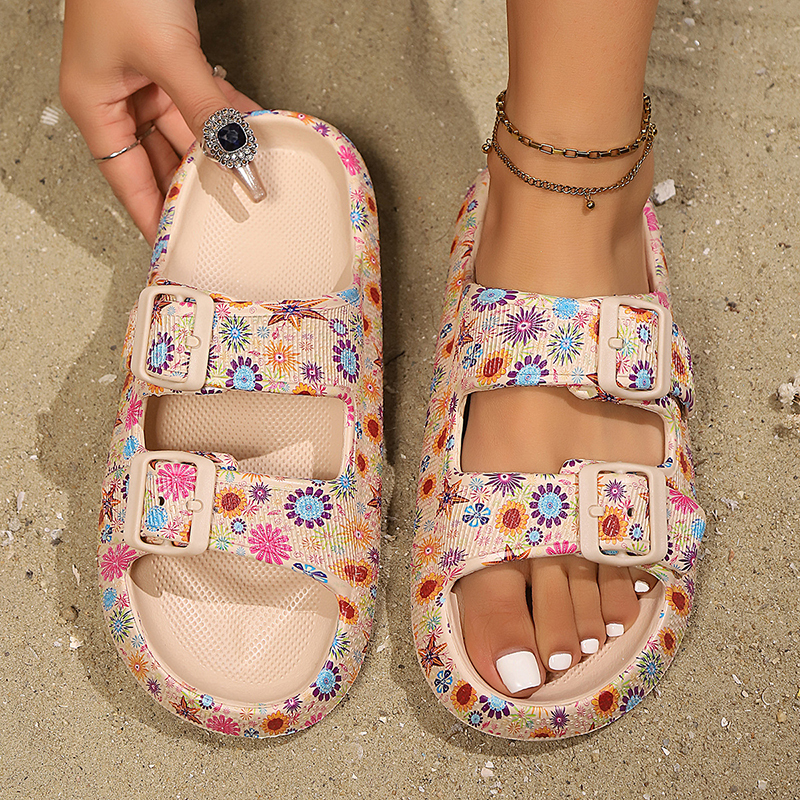 Sandal Pantai Anti Selip Motif Fashion Wanita Desain Gesper Ganda Sandal Platform Wanita Alas Tebal Lembut Sepatu Cloud Slides