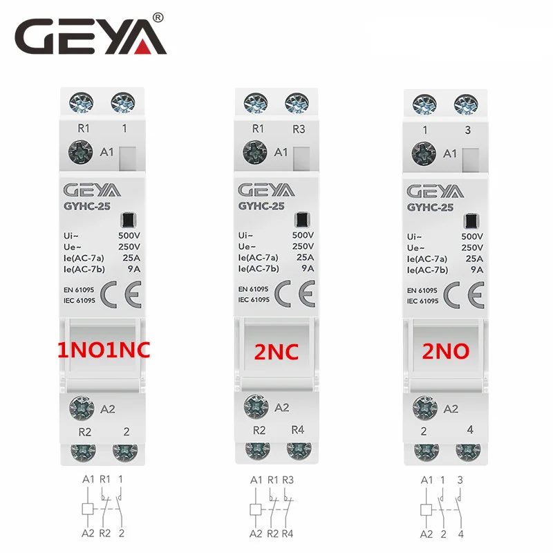 Contactor de CA Modular doméstico montado en carril Din GEYA para casa inteligente Hotel AC220V 2P 16A 20A 25A 2NC 2NO 1NO1NC 50/60Hz
