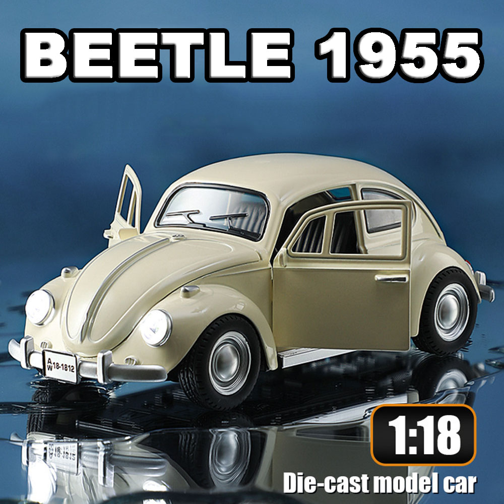 Skala 1:18 Beetle 1955 Model mobil mainan Diecasting pintu terbuka suara cahaya tarik belakang kendaraan miniatur untuk anak-anak hadiah