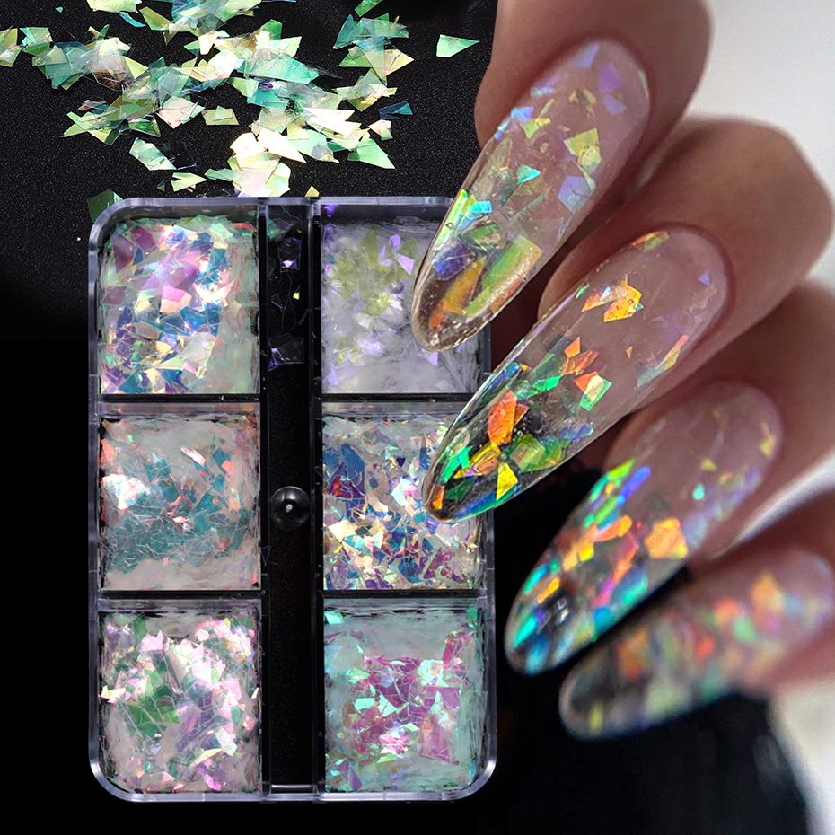 6 กริด AB สีรุ้งเล็บ Glitter Flakes ไม่สม่ําเสมอ Aurora Sparkle เลื่อมแก้วคริสตัล Fairy Paillette DIY ตกแต่งเล็บ Slice