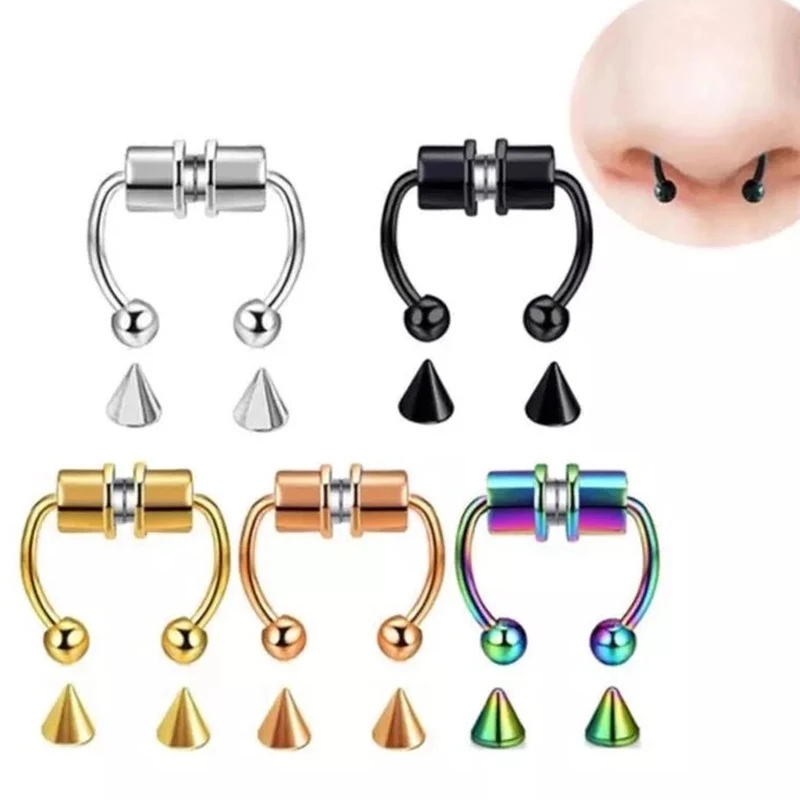 5 pezzi magnete in acciaio inossidabile anello al naso finto cerchio falso piercing cerchio setto anelli per le donne moda gotico rock gioielli per il corpo regali