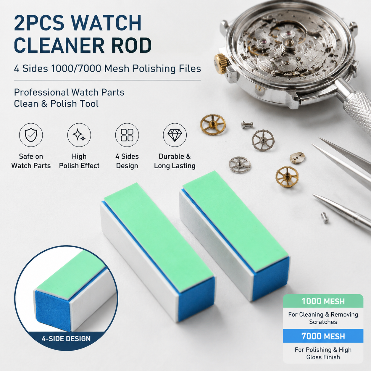 2 Buah Batang Pembersih Jam Tangan 4 Sisi 1000/7000 Mesh Kikir Poles Bagian Jam Tangan Alat Poles Pembersih untuk Pembuat Jam