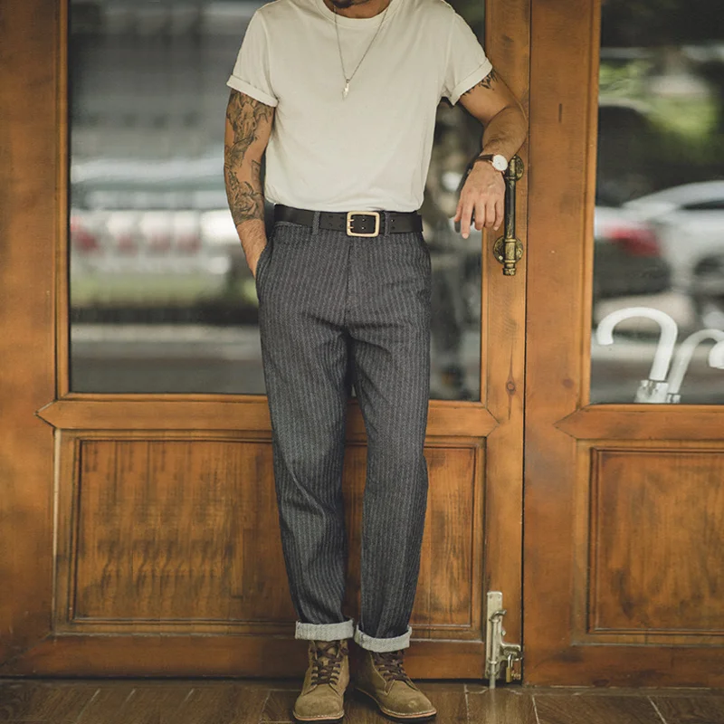 Maden Jeans da uomo a righe grigie da 12,8 once Pantaloni dritti retrò con tasche con zip Pantaloni versatili in cotone per l'autunno