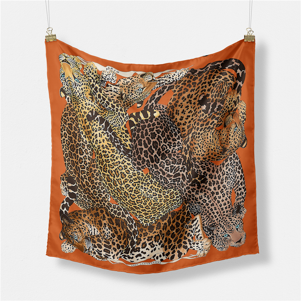 Twill Silk Scarf Woman Leopard Painting Square Scarves Wraps Bandana Small Hijab Silk Foulards Tie Headband Neckerchief 53CM