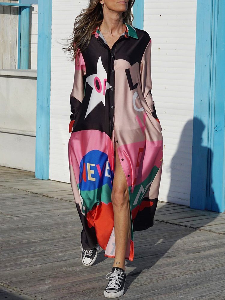 Mulheres gola virada para baixo manga comprida vestido solto, patchwork casual, estampa colorida, maxi vestidos, camisas de botão, senhora do escritório