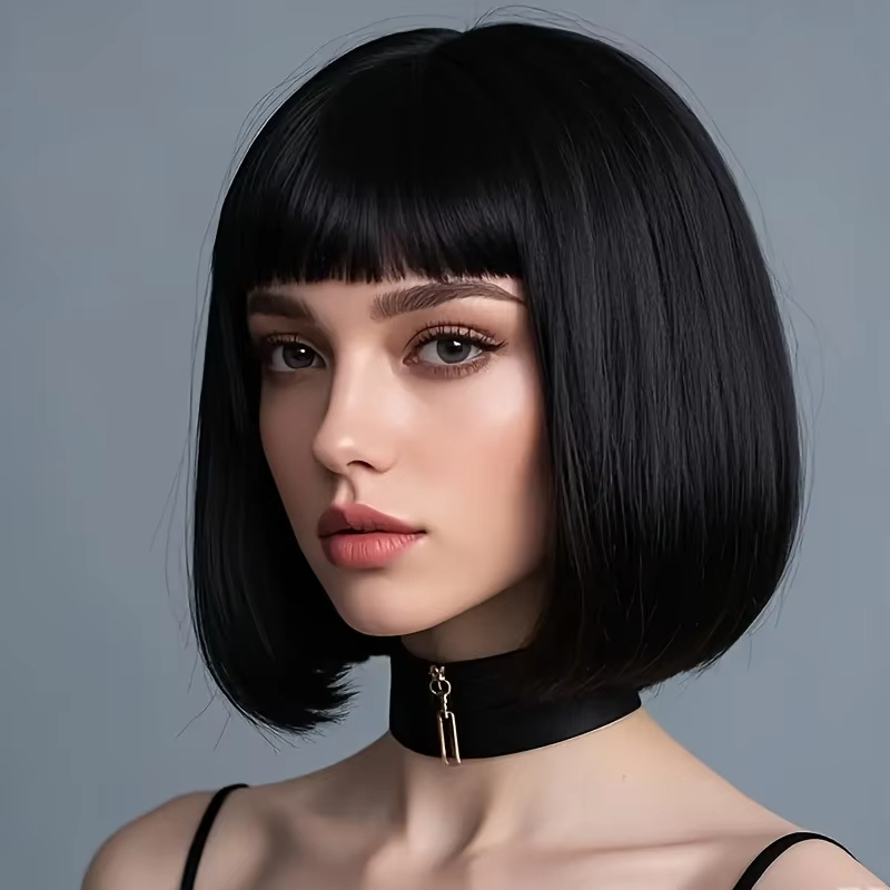 Kurze schwarze Bob-Perücke aus Kunsthaar, Halloween-Party-Cosplay-Perücke, tägliche Hochtemperatur-Seidenperücke im Set