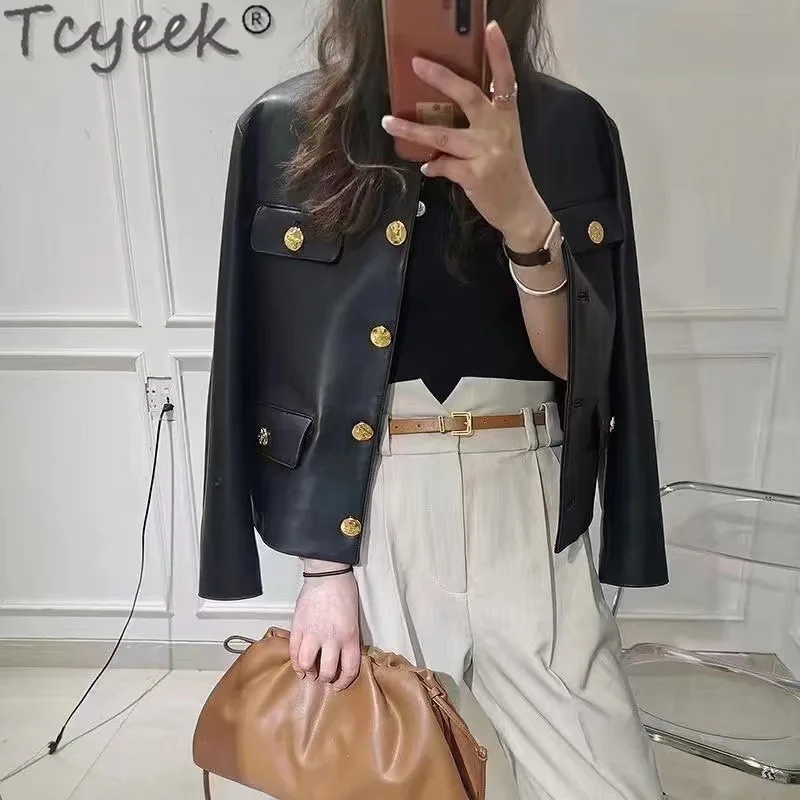 Tcyeek Real Sheepskin Genuine Leather Jacket Motorcycle Women's Leather Jacket Spring Autumn Coats Black Short Jackets Chaquetas