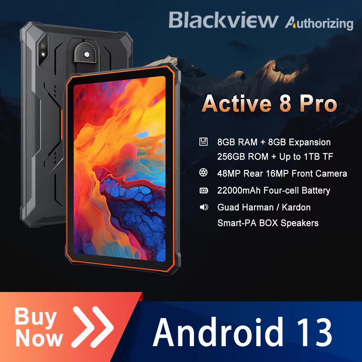 Blackview Active 8 Pro Rugged Tablets Android 13 22000mAh Battery 10.36" 2.4K Display 16GB 256GB Helio G99 48MP Camera Tablet PC