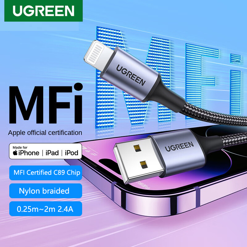 UGREEN MFi For USB Lightning Cable Charger For APPLE iPad iPhone 14 13 11 8 12W Fast charging data Braided short long Carplay 2m