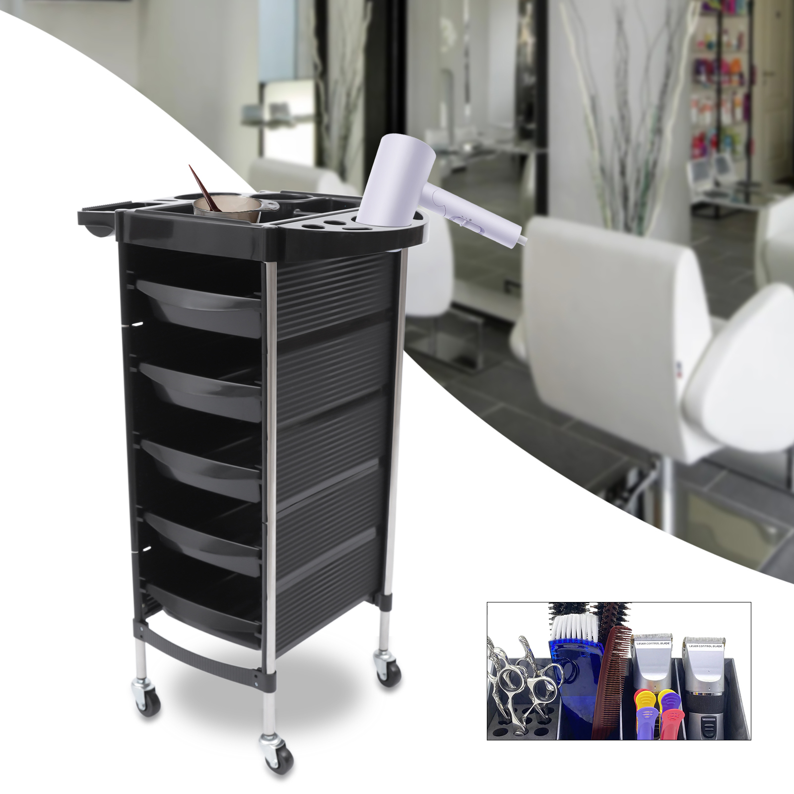 Carrinho De Rolamento De Salão Com 5 Gavetas, Carrinho De Salão, Bandeja De Estilo De Cabelo, Estação De Cabeleireiro De Beleza, Carrinho De Serviço De Barbeiro, Suporte De Armazenamento