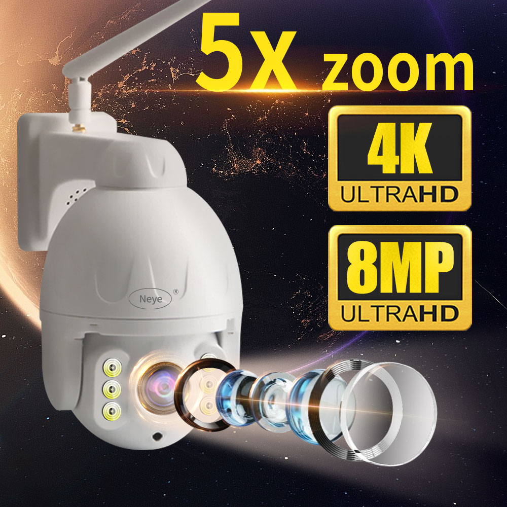 NEYE Caméra IP de Surveillance Extérieure Sans-Fil, Appareil de Sécurité HD 8 Mpx H.265, Wifi, Zoom Numérique x 5, Détection Humaine, Audio, ONVIF, Circuit Vidéo Fermé, Communication P2P, 4K