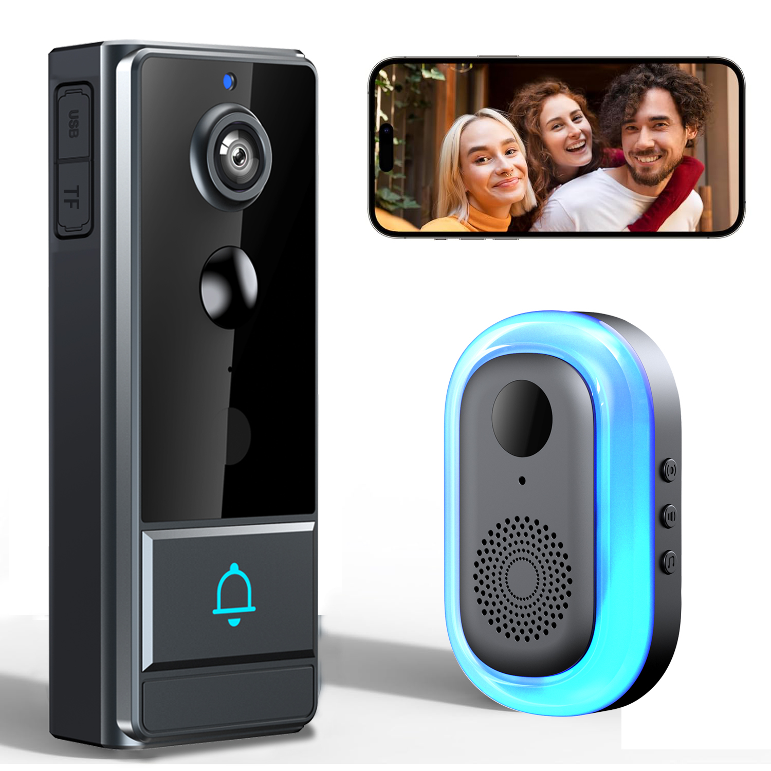 Bel Pintu Video Pintar Nirkabel, Kamera Bel Pintu, Kamera Bel Pintu WiFi Keamanan Rumah, Bel Pintu dengan Sensor Gerak PIR, Deteksi Paket Cerdas, Kamera Pengawas Keamanan Lansia dan Hewan Peliharaan, Cocok untuk Apartemen/Dalam Ruangan/Keamanan Luar Ruang