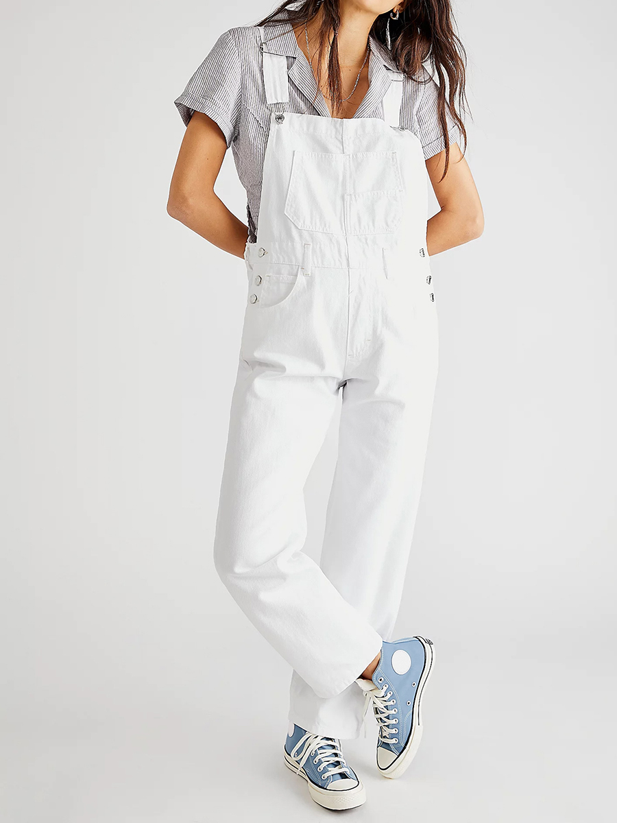 Frauen Frühling Beiläufige Breite Bein Denim Overalls Lose Breiten Riemen Hosenträger Tasche Overalls Baggy Lange Jeans Trägerhose Strampler