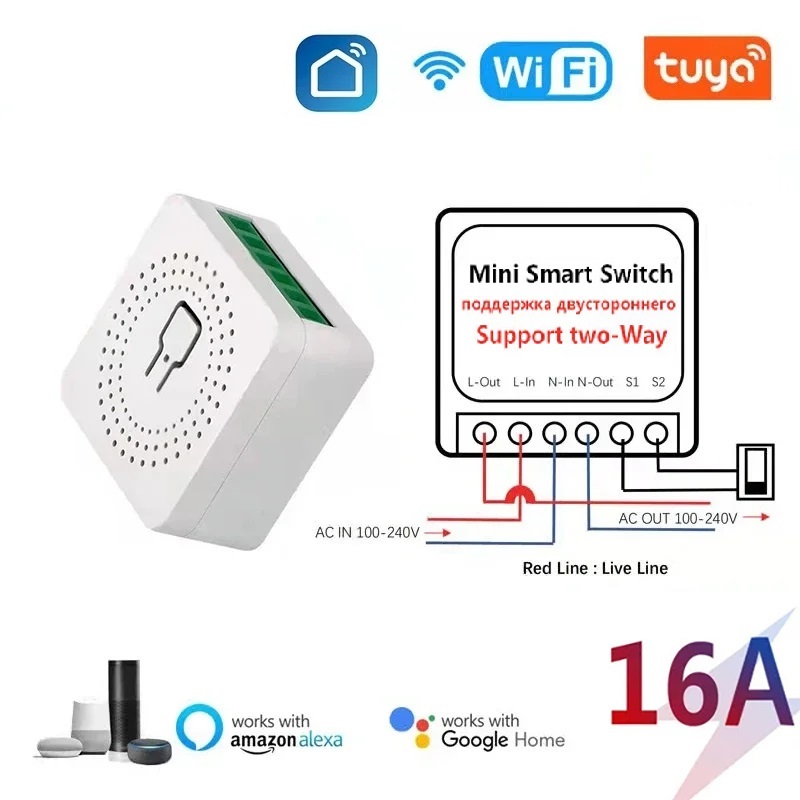 16A Tuya WiFi Smart Switch Module 2-wegbediening Mini Switch Breaker Smart Life Work met Alexa Google Alice