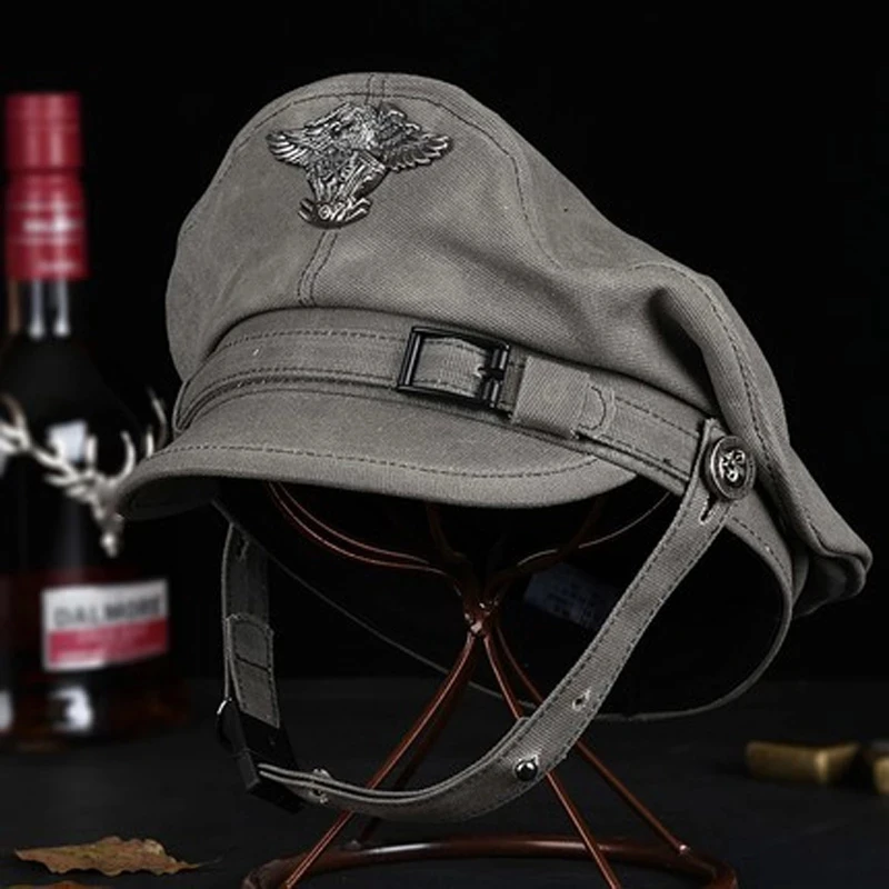 Retro 2024, granatowa czapka marynarska z daszkiem mężczyźni kobiety wiosenna czapka wojskowa męskie płótno szary orzeł pas lokomotywa Casquette