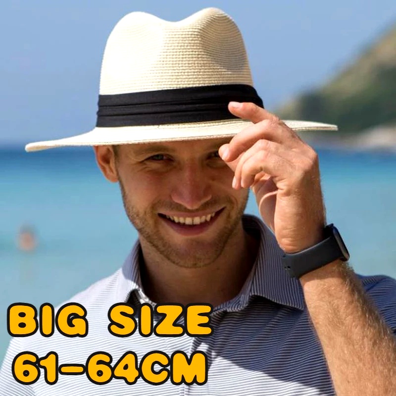 Topi Matahari Klasik Ukuran Besar 64cm untuk Pria Wanita, Topi Panama Pasangan, Topi Jerami Pantai Bertepi Lebar, Topi Fedora Ukuran Besar untuk Kepala Besar