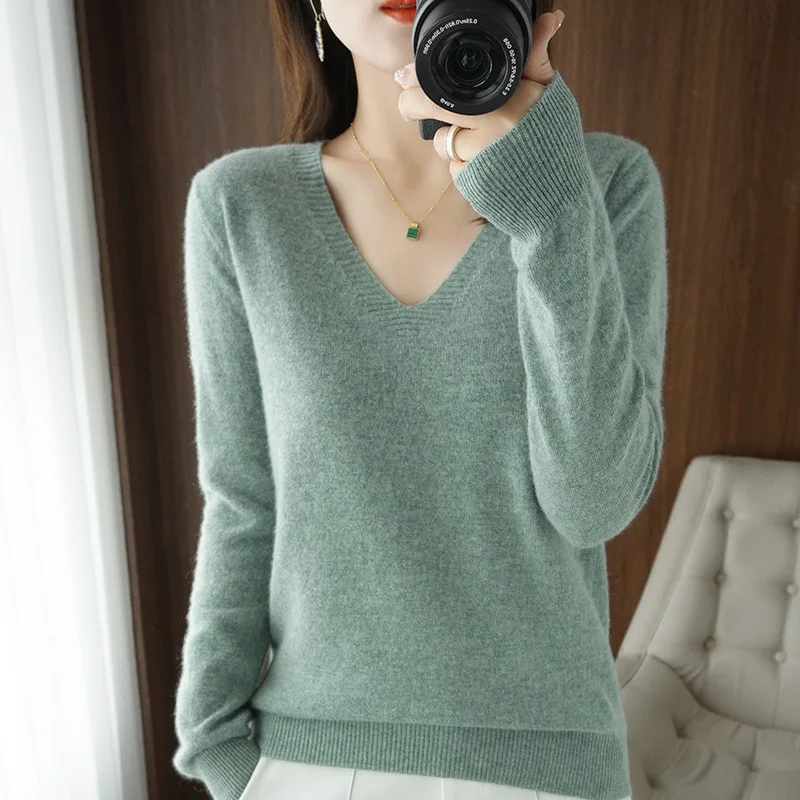 Camisola feminina 2024 outono inverno pulôveres de malha com decote em v fino ajuste camisa de fundo sólido macio malhas jumpers blusas básicas