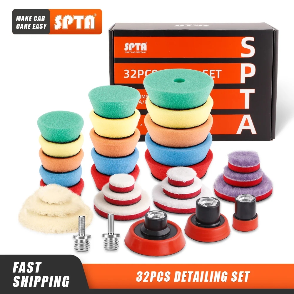 SPTA 32 pièces 1/2/3 pouces éponge en forme de T M14 5-8/11 tampons de polissage de détail automatique laine pour Mini polisseuse de voiture perceuse électrique