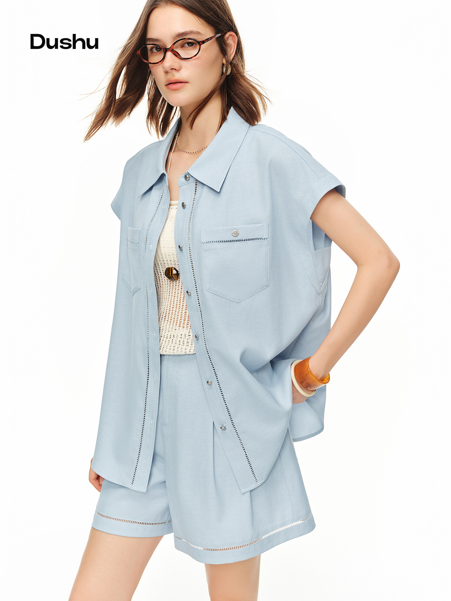 DUSHU 2026 Zomer Dames Tweedelig Shirt & Broek Set, Ontspannen Minimalistische Matchende Co-ord voor Kantoor, Woon-werkverkeer, Stille Luxe Stijl