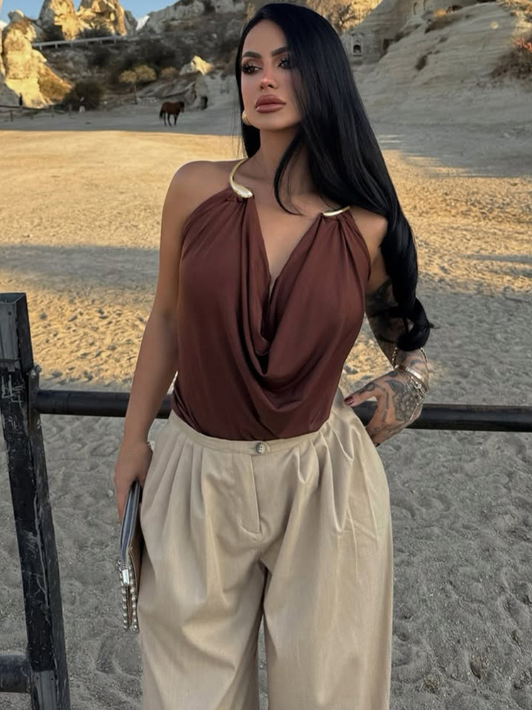Estranho gato metal cobra halter camisola feminina gola balanço elegante sem costas tendência de verão praia férias festa clubwear regatas