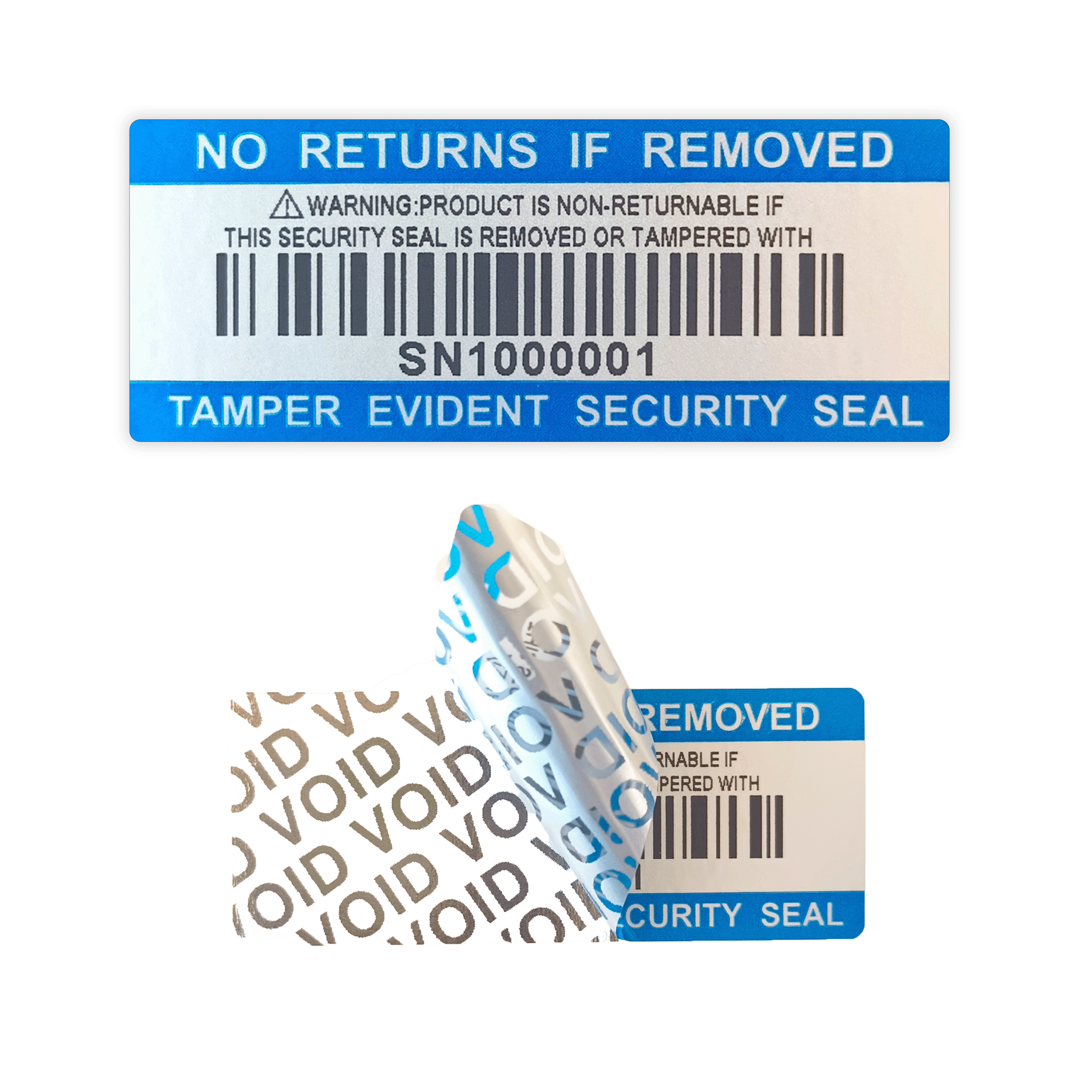 Bar code warranty void stickers Dumb silver PET security labels with serial number waterproof tamper evident seal labels