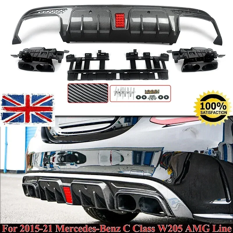 C63/ C63S/C43 4 ประตูซีดานด้านหลังDiffuserปลายท่อไอเสียสําหรับMercedes Benz C Class W205 2015-2021 คาร์บอน