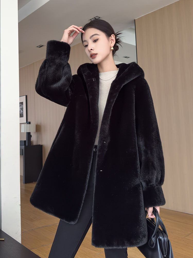 2025 New Velvet Mink Fur Coat Women's Fake Whole Mink Hooded Mid-Length plus Size Water Mink Fur Coat Slimming Effect