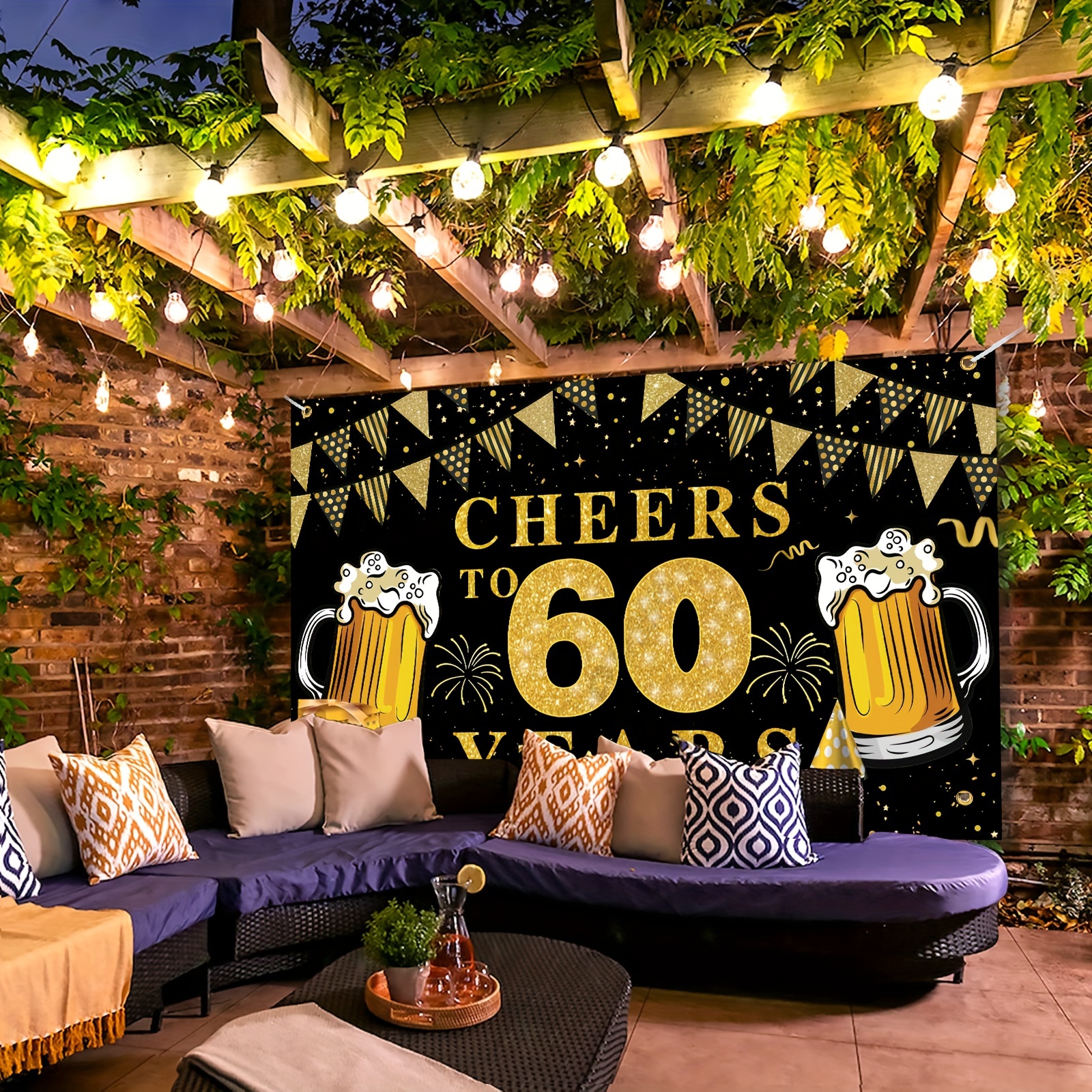 Happy 60th Birthday banner background party decoration, Black gold Cheers 60 years photo party supplies background