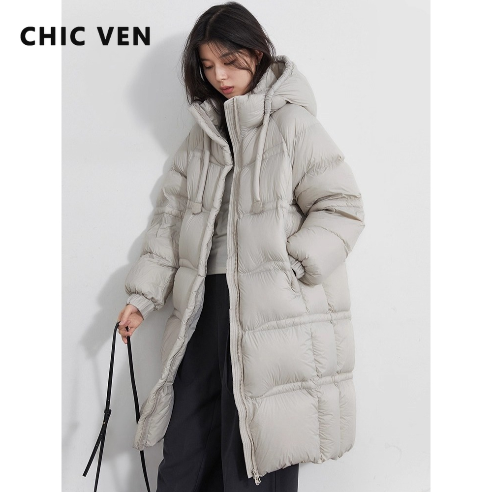 Jaket Bulu Angsa Putih 95% CHIC VEN Wanita, Mantel Panjang Model Longgar Kasual, Tebal dan Hangat, Pakaian Luar Wanita untuk Musim Gugur dan Musim Dingin 2025