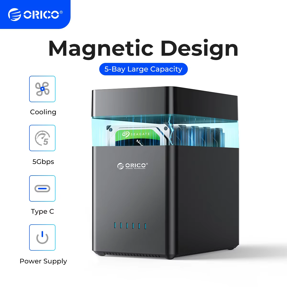 ORICO DS Series 5-miejscowa 3,5-calowa obudowa dysku twardego USB Magnetyczna obudowa dysku twardego SATA na USB3.0/Type-C do wydobywania Altcoins
