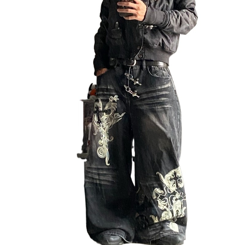 Pantalones Anchos Negros con Estampado Vintage Americano Y2K, Estilo Gótico, Harajuku, Hip Hop, Casual, Joker, para Hombre