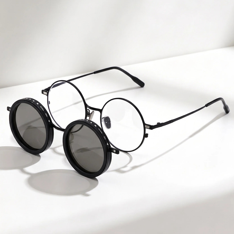 Magnetischer Clip-On ND-Filter Polarisierte Sonnenbrille 9-Stufen Drehbare Dimmung Runde Kurzsichtigkeits-Optische Brille Abnehmbares Brillenset