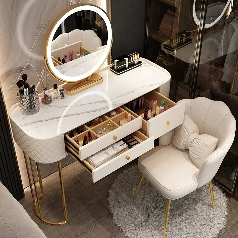 Espejo de tocador de lujo con luz Led para maquillaje, tocador blanco, almacenamiento de dormitorio, muebles para el hogar