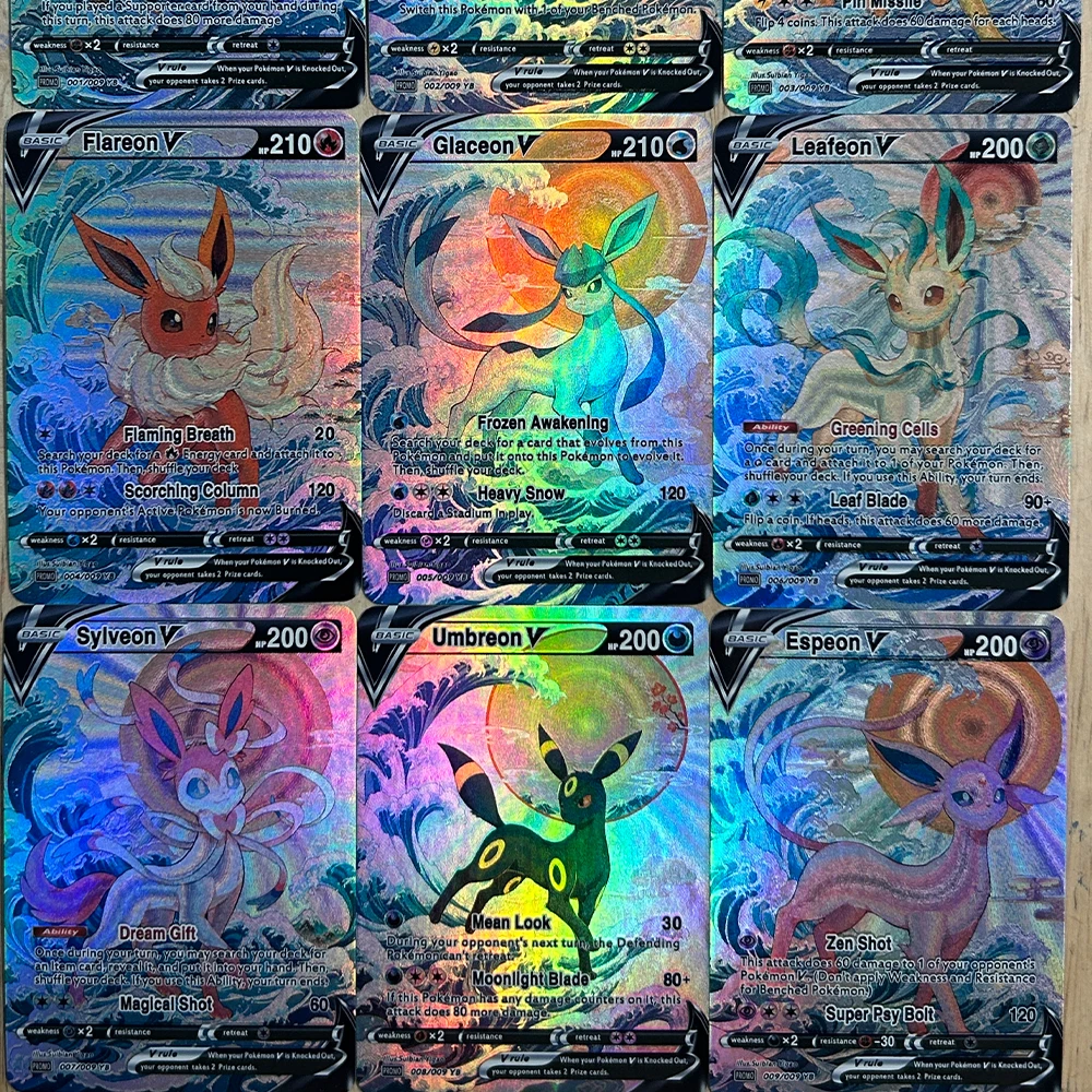 9 Teile/satz Anime PTCG Sammlung Karte Eevee Vaporeon Leafeon Umbreon Espeon Englisch Geprägte Textur Flash Karte Kind Geschenke Spielzeug