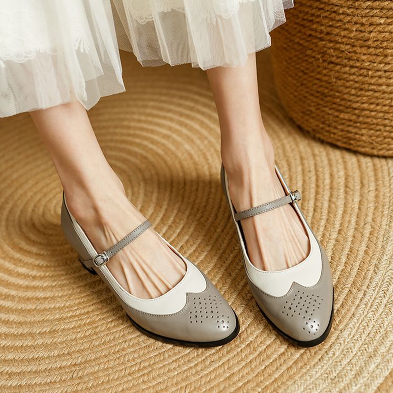 NEW Spring/Autumn Women Pumps Round Toe Chunky Heel Shoes Genuine Leather Shoes for Women Mixed Colors Buckle Strap Mary Janes