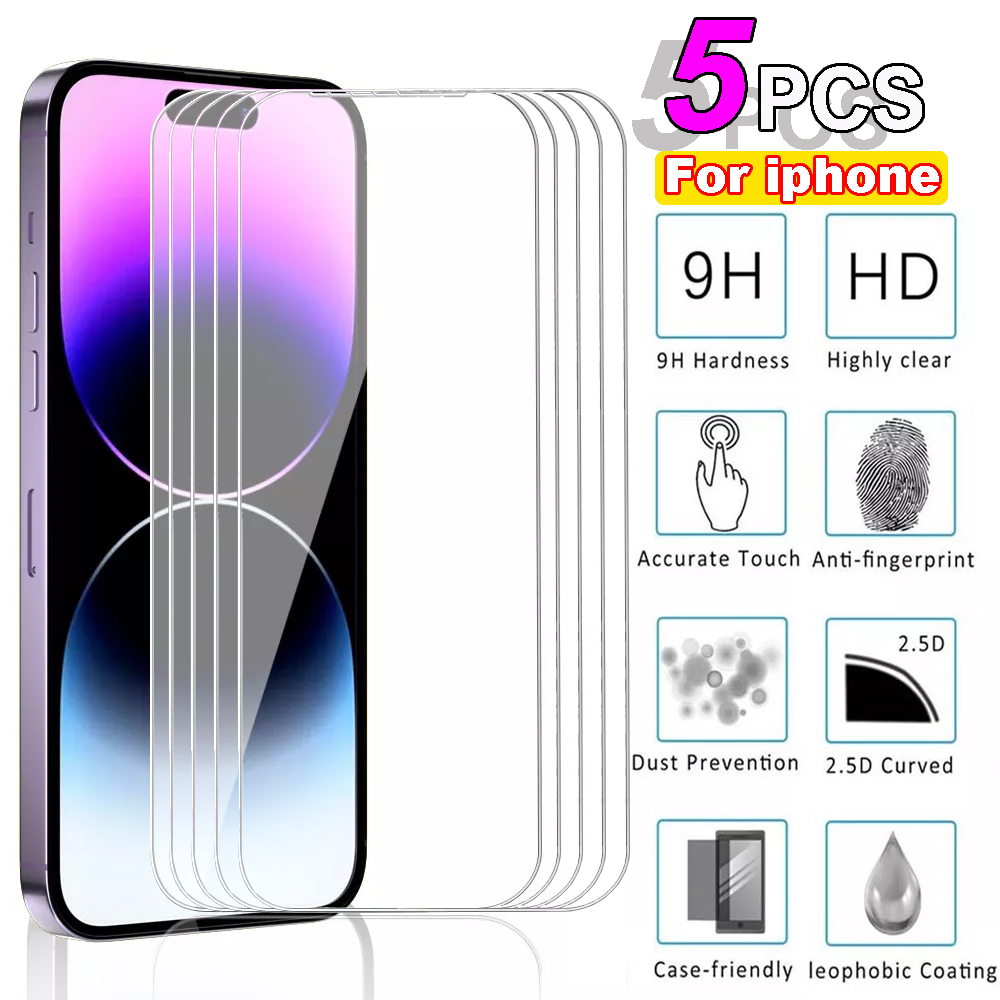 5pcs Tempered Glass For iPhone 15 Pro Max Screen Protector For iphone 7 8 11 12 13 14 Plus X XR XS Max Mini Protective Glass