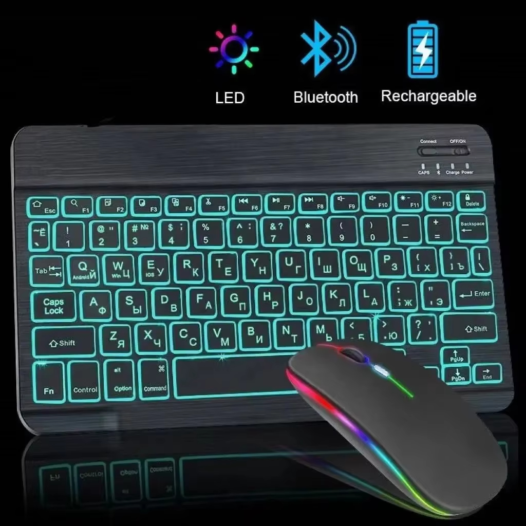 Klawiatura Bluetooth z podświetleniem RGB hebrajskim/rosyjskim/hiszpańskim/portugalskim/koreańskim dla IOS Android Windows iPad Samsung Tablet Laptop