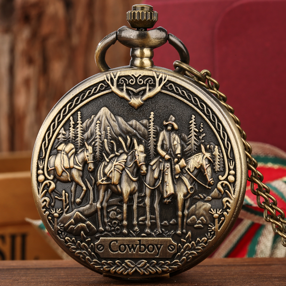 Vintage 3D Geprägten Westlichen Cowboy Design Muster Steampunk Bronze Quarz Taschenuhr Exquisite Sammlung Geschenke für Männer Frauen