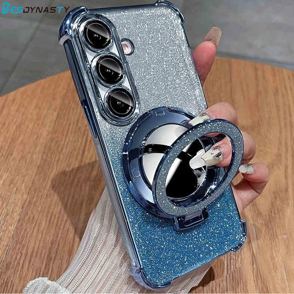 For Samsung Galaxy S26 S25 Ultra S24 FE S23 S22 Plus S21 S20 Four Corner Anti-shock Plating Case Mirror Stand Cover