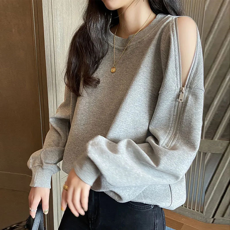 Sudadera gris Coreana de manga larga para mujer, hombros descubiertos, cuello redondo, Camisetas básicas, suelto, cremallera, Casual, moda, Jersey sólido