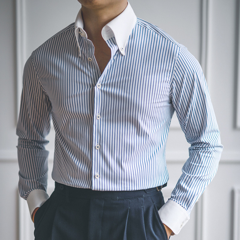 Camicia a righe casual Camicia retrò Abito Camisa Masculina Social 2022 Camicia a righe a maniche lunghe da uomo in stile britannico a colori a contrasto