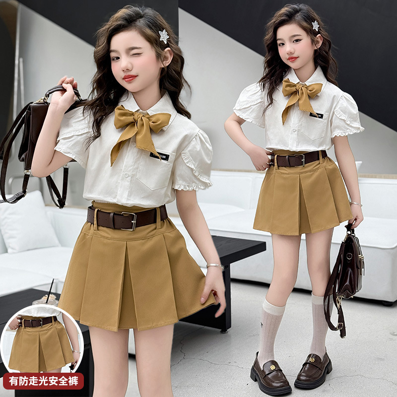 Ragazza Estate JK gonna Set 2025 Bambino camicia a maniche corte + cravatta + gonna a pieghe + cintura 4 pezzi Moda junior vestiti per bambini vestito abiti per bambini
