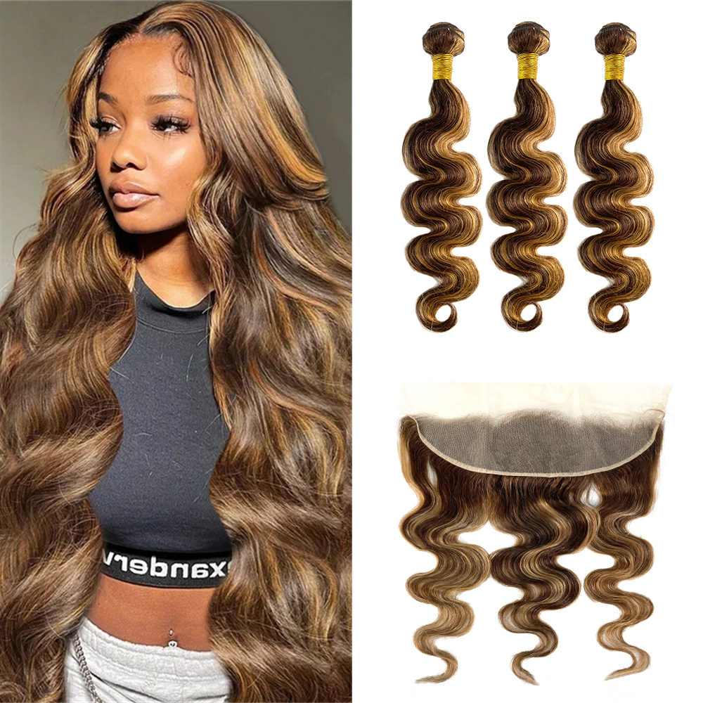 Zestawy włosów z przedziałkiem z przodu, brazylijskie włosy naturalne Body Wave ombre blond, treska z włosów ludzkich z przedziałkiem 13x4, kolor P4/27