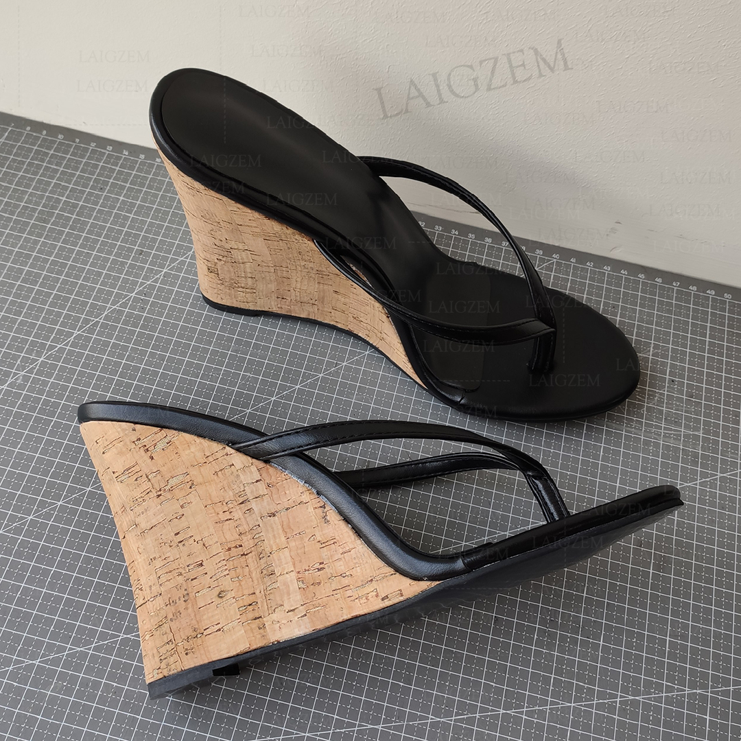 LAIGZEM Women Sandals Wedges Flip Flop High Heels Pumps Cork Print Summer Party Prom Ladies Shoes Woman Big Size 41 43 46 48