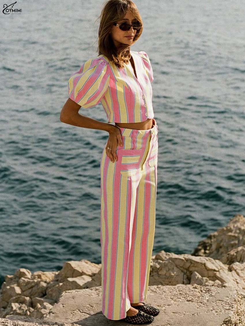 Oymimi Elegante roze print 2-delige sets Damesoutfit Mode V-hals Korte mouw Knop Crop Shirts en zakken Broeksets