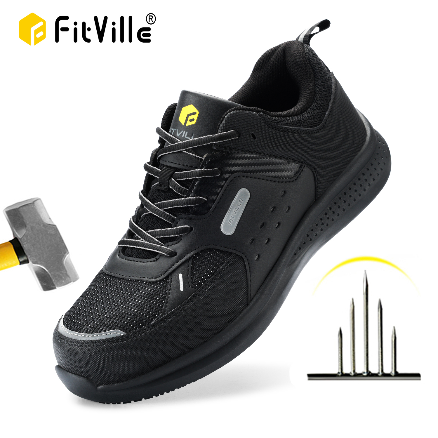 FitVille Herren-Arbeitsschuhe, extra breit, Freizeitschuhe, rutschfest, robust, atmungsaktiv, für männliche geschwollene Füße, Fußgewölbeunterstützung, Schmerzlinderung