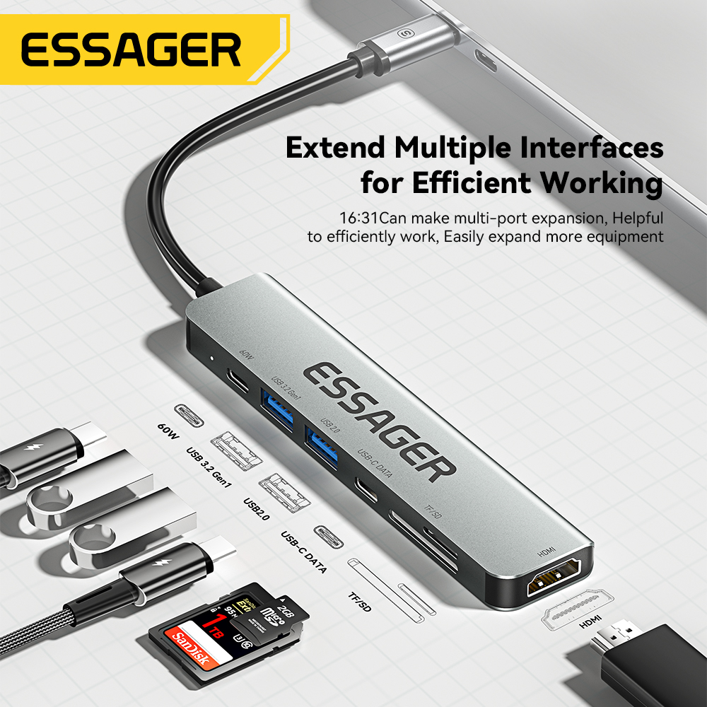 Essager Usb C Hub Usb Type-c do HDMI kompatybilna stacja dokująca do laptopa dla Macbook Pro Air M1 M2 Extensor USB 3.0 Adapter Splitter